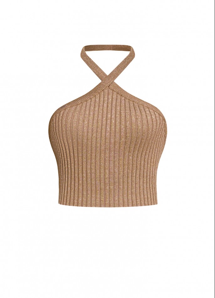 RIBBED KNIT HALTERNECK CROP TOP - GOLD